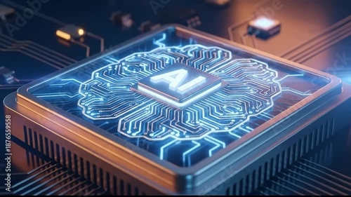 Glowing Microchip and AI Circuitry on Circuit Board Hyper Realistic Close Up of Central Processor with Futuristic Design and Innovation