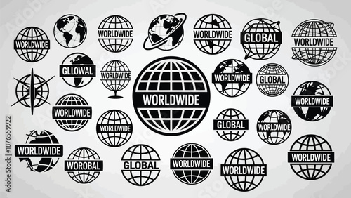 Collection of globe illustrations with worldwide and global text overlays