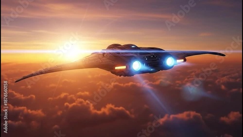 Futuristic spacecraft with glowing engines flying above golden sunset clouds