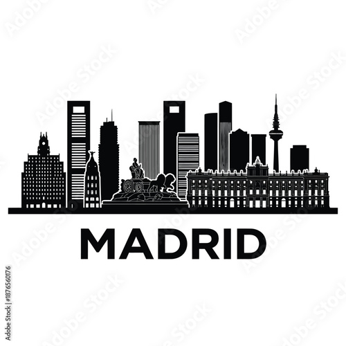 a black and white image of a madrid city skyline