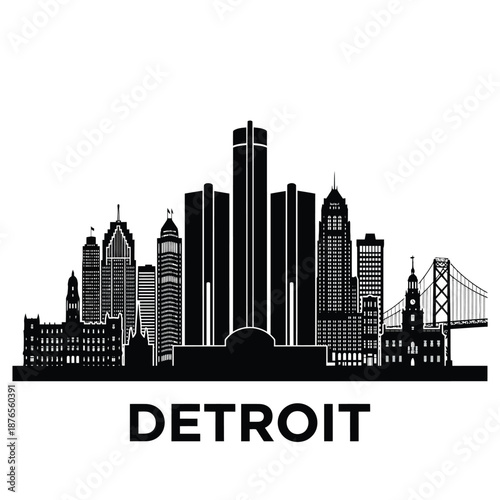 detroit city skyline with tall buildings and a bridge