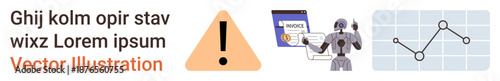 Data security, artificial intelligence, analytics, automation, risk management, cyber awareness. Warning triangle, robot figure graph and ID. Data security and artificial intelligence concepts
