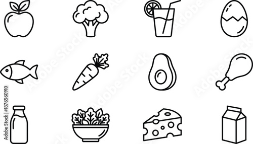 Black and white line icon collection of assorted food items including fruit, vegetables, dairy, meat, juice and salad representing nutrition, healthy eating and groceries