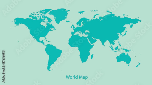 A teal world map illustration against a pale green background