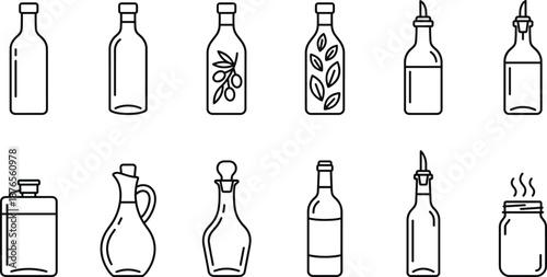Black and white line icons of assorted bottles and jars including oil bottles, glass containers and dispensers used for cooking, storage and kitchen supplies