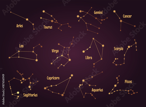 Set of zodiac constellation golden sign. Astrology vector illustration