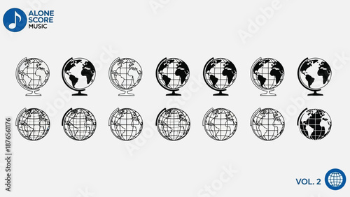 A series of monochrome globe illustrations arranged in a repeating pattern