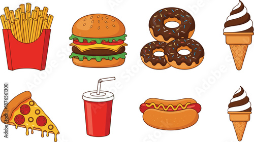 Fast food cartoon clipart set with fries, burger, donuts, pizza, soda, hotdog and ice cream for menus, stickers and designs