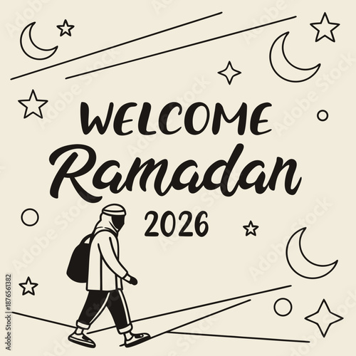Person walking with Ramadan greeting and celestial bodies illustration