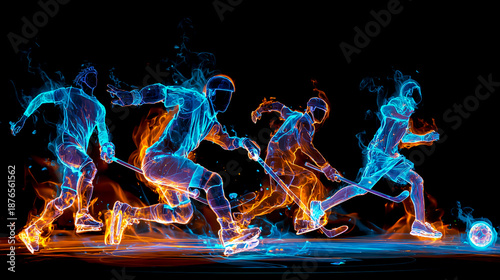 A digital art piece featuring multiple figures in action poses