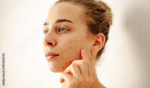 Tableau sur toile A close-up of a young woman with skin imperfections looks into a small mirror in a bright room