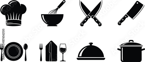 Professional chef and restaurant icon set featuring chef hat whisk bowl knives meat cleaver and dinner table setting