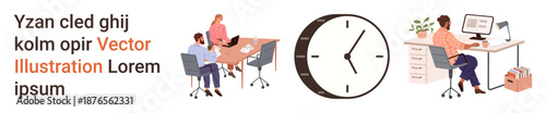 Business collaboration, productivity, scheduling, remote work, workplace organization, teamwork. Colleagues collaborating and clock time management. Productivity and scheduling concept