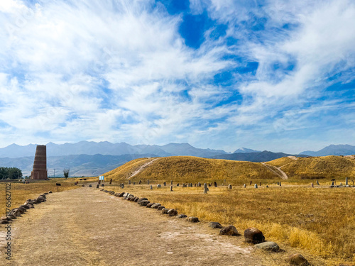 Ancient Archaeological Site with Mounds and Mountains in Background Bishkek, Kyrgyzstan