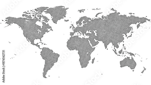 A grayscale dotted map depicting the continents and oceans of the world