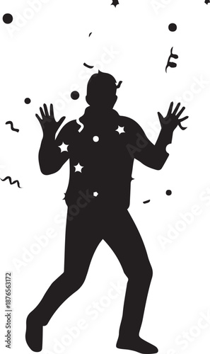 Man celebrating with confetti and stars around him