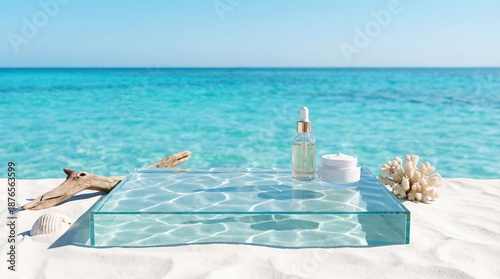 Clean blue water podium with glass cubes and tropical beach background for summer cosmetic product display mockup 3d render