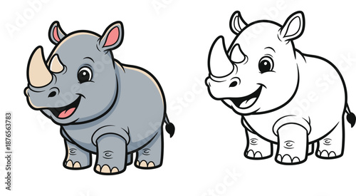Cute baby rhinoceros cartoon character. Vector illustration of a happy rhino animal. Set of colored version and black and white outline for coloring book page. Isolated on white background.