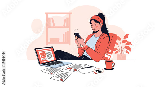 Flat vector illustration of a woman procrastinating at her desk while using a smartphone, unfinished work around her, modern lifestyle problem and productivity concept