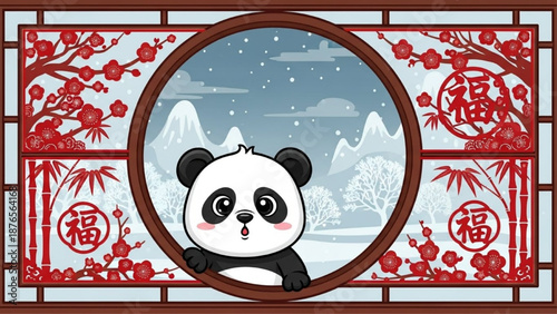 Cute panda at Chinese moon window winter scene