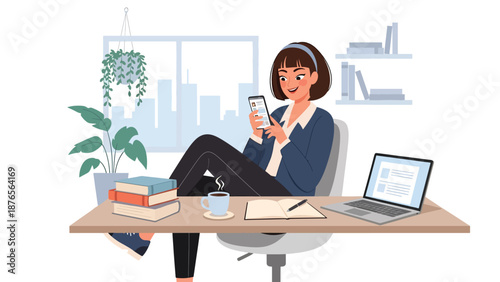 Flat vector illustration of a woman procrastinating at her desk while using a smartphone, unfinished work around her, modern lifestyle problem and productivity concept