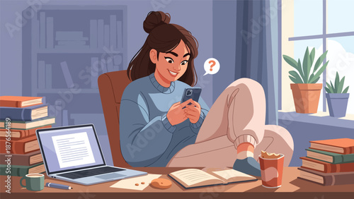 Flat vector illustration of a woman procrastinating at her desk while using a smartphone, unfinished work around her, modern lifestyle problem and productivity concept