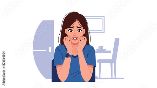 Vector illustration of a woman biting her nails nervously indoors, anxiety related bad habit and stress behavior concept in clean flat vector style