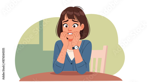 Vector illustration of a woman biting her nails nervously indoors, anxiety related bad habit and stress behavior concept in clean flat vector style