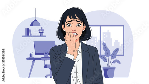 Vector illustration of a woman biting her nails nervously indoors, anxiety related bad habit and stress behavior concept in clean flat vector style