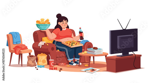 Vector illustration of a woman eating too much junk food while watching television, unhealthy lifestyle habit and poor diet concept in flat vector design