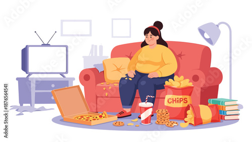 Vector illustration of a woman eating too much junk food while watching television, unhealthy lifestyle habit and poor diet concept in flat vector design