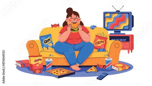 Vector illustration of a woman eating too much junk food while watching television, unhealthy lifestyle habit and poor diet concept in flat vector design