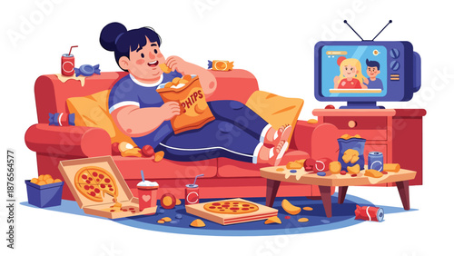 Vector illustration of a woman eating too much junk food while watching television, unhealthy lifestyle habit and poor diet concept in flat vector design