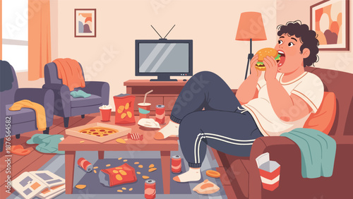 Vector illustration of a woman eating too much junk food while watching television, unhealthy lifestyle habit and poor diet concept in flat vector design
