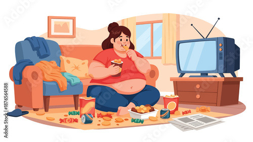 Vector illustration of a woman eating too much junk food while watching television, unhealthy lifestyle habit and poor diet concept in flat vector design