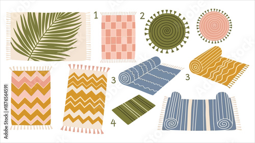 Cozy wool carpets and bath rugs. Decorative floor mats with various shapes and textures