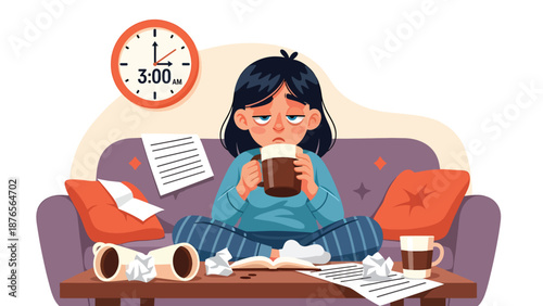 Flat vector illustration of a woman drinking excessive coffee late at night, poor sleep routine and caffeine dependency habit concept
