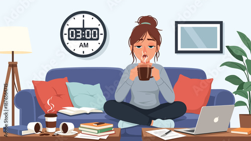 Flat vector illustration of a woman drinking excessive coffee late at night, poor sleep routine and caffeine dependency habit concept