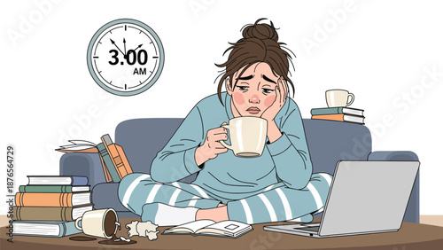 Flat vector illustration of a woman drinking excessive coffee late at night, poor sleep routine and caffeine dependency habit concept