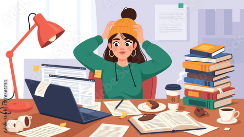 Vector illustration of a woman with a cluttered workspace full of unfinished tasks, disorganization habit and productivity issue concept