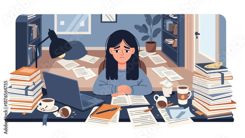 Vector illustration of a woman with a cluttered workspace full of unfinished tasks, disorganization habit and productivity issue concept