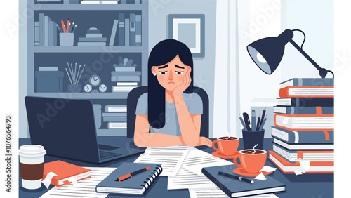 Vector illustration of a woman with a cluttered workspace full of unfinished tasks, disorganization habit and productivity issue concept