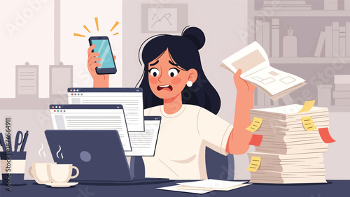 Flat vector illustration of a woman overwhelmed by multitasking with phone and laptop, poor focus and productivity habit concept