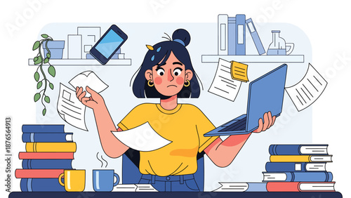 Flat vector illustration of a woman overwhelmed by multitasking with phone and laptop, poor focus and productivity habit concept