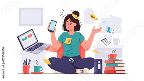 Flat vector illustration of a woman overwhelmed by multitasking with phone and laptop, poor focus and productivity habit concept