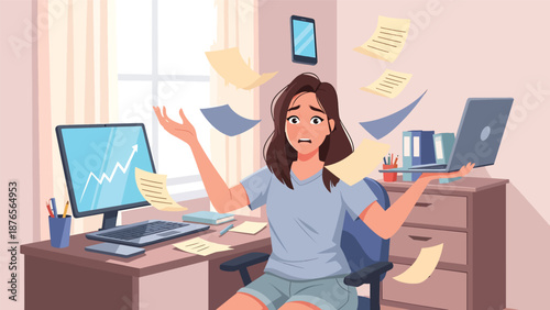 Flat vector illustration of a woman overwhelmed by multitasking with phone and laptop, poor focus and productivity habit concept