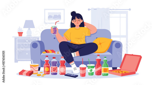 Flat vector illustration of a woman drinking sugary beverages frequently, unhealthy diet habit and excessive sugar consumption concept
