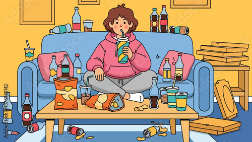 Flat vector illustration of a woman drinking sugary beverages frequently, unhealthy diet habit and excessive sugar consumption concept