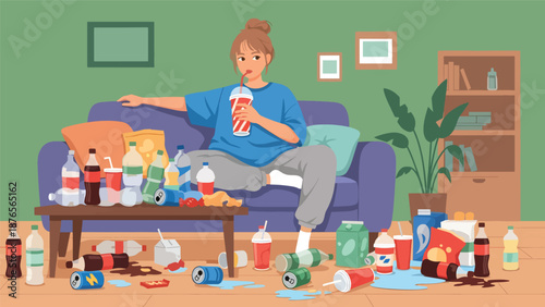 Flat vector illustration of a woman drinking sugary beverages frequently, unhealthy diet habit and excessive sugar consumption concept