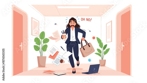 Vector illustration of a woman rushing and spilling items due to poor time management, daily chaos habit concept